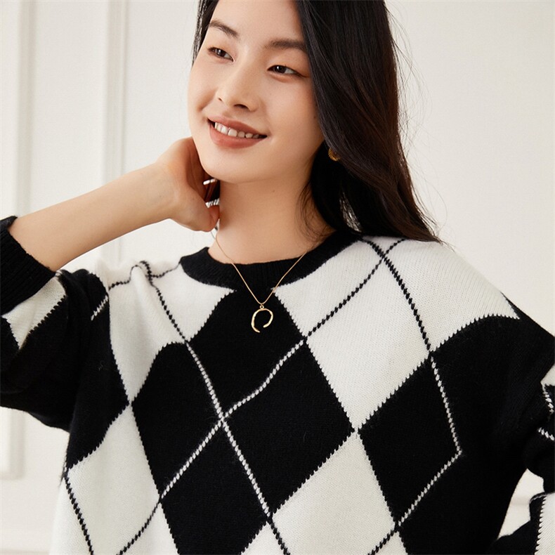 时尚女士加厚羊绒衫经典菱格图案舒适保暖适合秋季穿着,女装羊绒衫,杭跃羊绒
