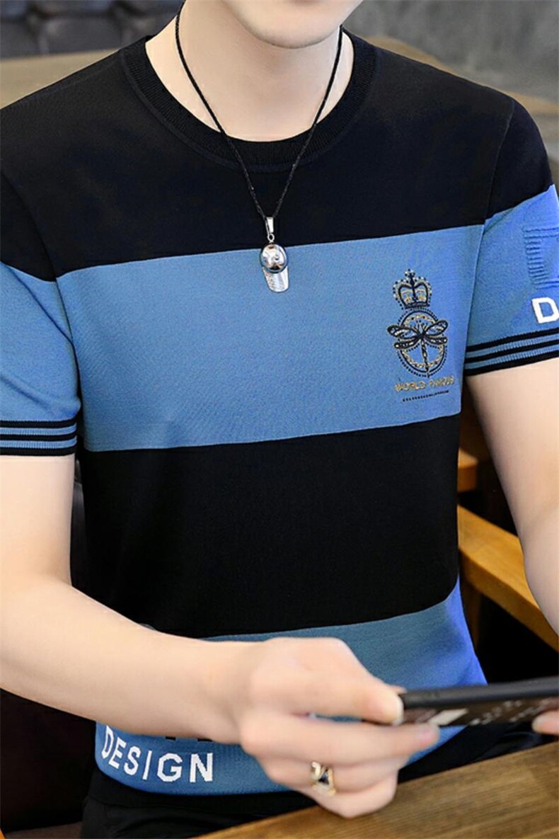 直播7382-P55男士提花短袖针织衫潮牌黑色修身型套头春夏,男装T恤,电商D310B