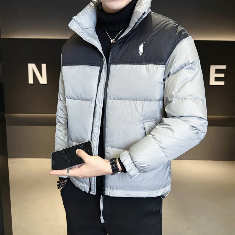 9826-L-4XL-P175标50绒店主风男士休闲刺绣拼色立领羽绒服外套,男装羽绒服,电商B255