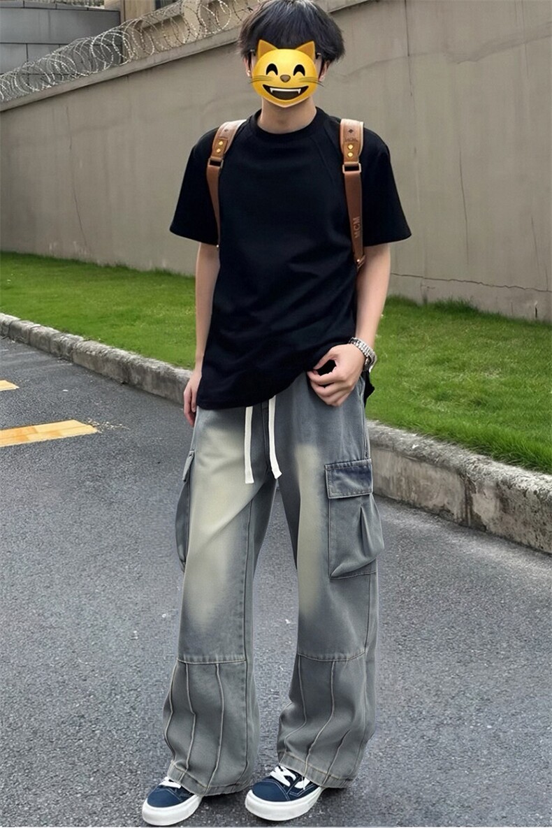 网图美式阔腿休闲裤子男夏季水洗工装牛仔裤-A1158TP55控88,男装休闲裤,电商B241
