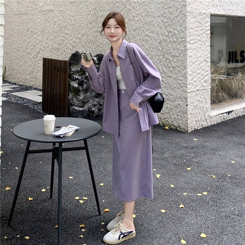 紫色温柔系穿搭打底衬衫套装女秋季2025新款休闲显瘦半身裙两件套,女装套装/套裙,2C198