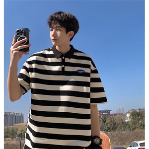 1美式港风条纹短袖polo衫大码M-5XL翻领短袖T恤男DP8761P40控59图片