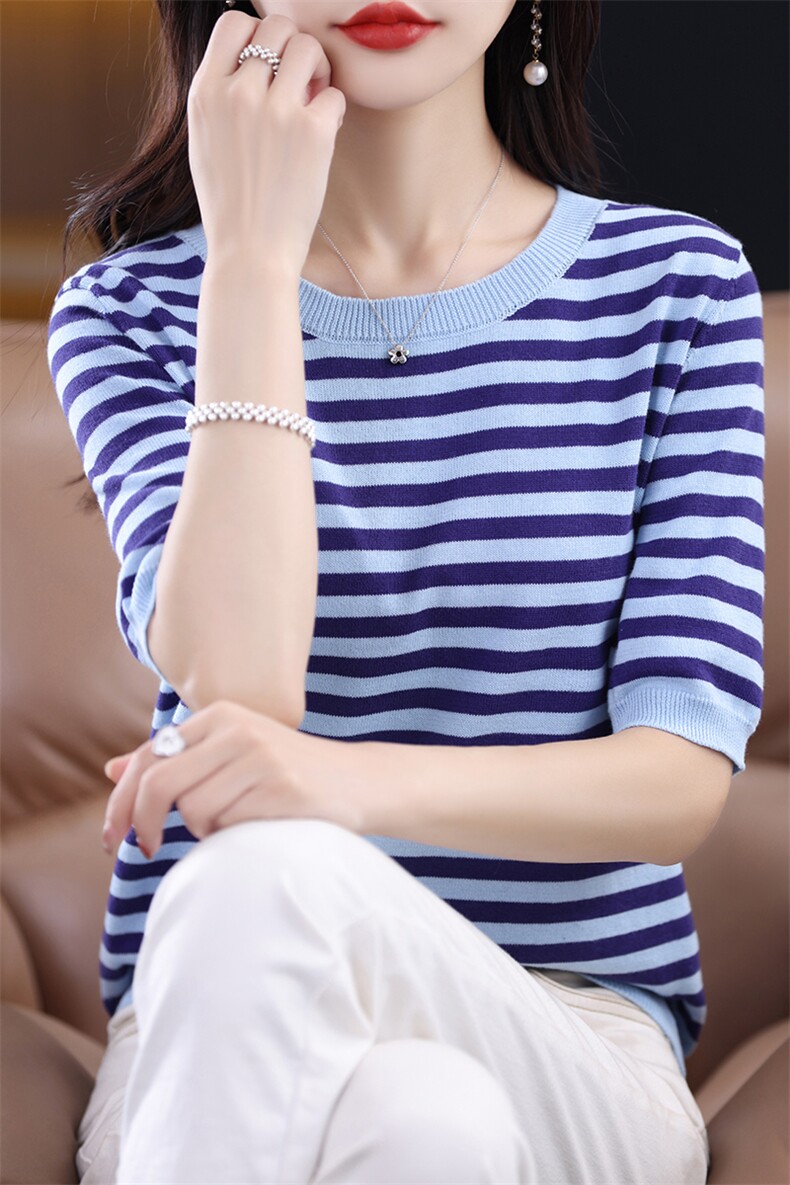 夏季新款条纹圆领短袖宽松韩版100%纯棉女上衣套头T恤打底针织衫,女装T恤,秋双羊绒