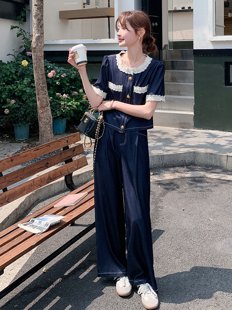 小香风牛仔套装女2025新款夏季超火今年流行爆款时尚阔腿裤两件套,女装套装/套裙,辉之琳