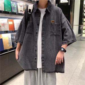 高街工装牛仔短袖衬衫男士夏季炸街情侣五分袖中性衬衣CS1352-p45图片
