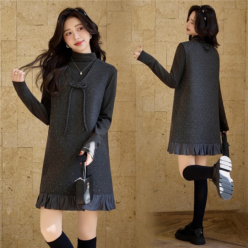 【bao款格雷灰系列】2026春装学院风木耳边亮片V领蝴蝶结两件套，女装套装/套裙，雅静靓衣