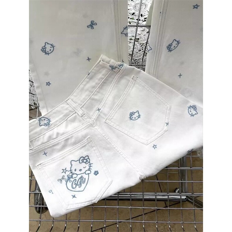AK2319-P60可爱卡通kitty猫刺绣白色牛仔裤夏薄款直筒阔腿裤,女装休闲裤,星座617A-2