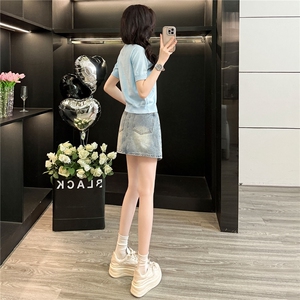 欧货时尚设计感套装女夏新款圆领彩色纽扣针织衫短袖牛仔裙两件套图片