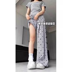AK2494-p30复古格子蝴蝶结刺绣休闲裤女2026夏季新款阔腿裤裤子，女装休闲裤，星座617A-2