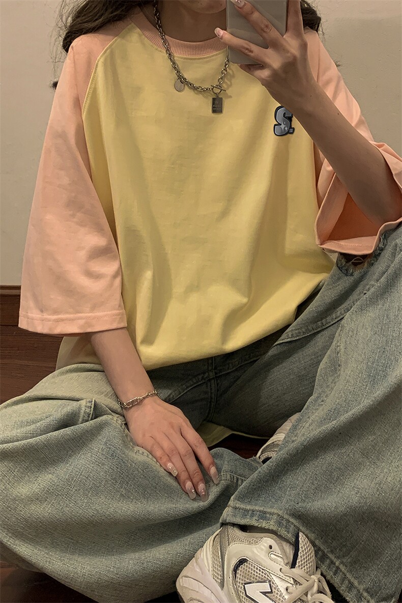 1中性风插肩袖设计T恤女大码S立体贴标短袖T恤男DT8777P28控49,男装T恤,星座226-2