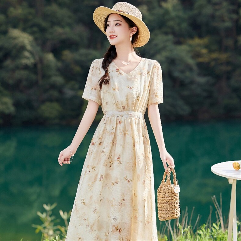 法式碎花天丝连衣裙女夏2025新款收腰显瘦气质小清新仙女a字长裙,女装连衣裙,蝶眷