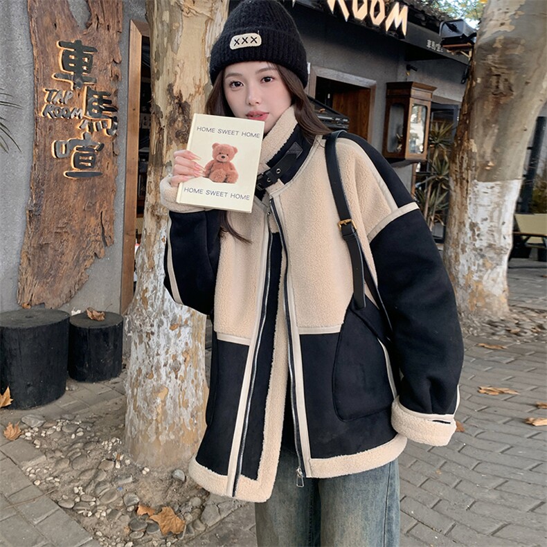 黑色短款皮毛一体羊羔毛厚外套女秋冬2024新款超好看加绒机车棉服,女装短外套,2C129