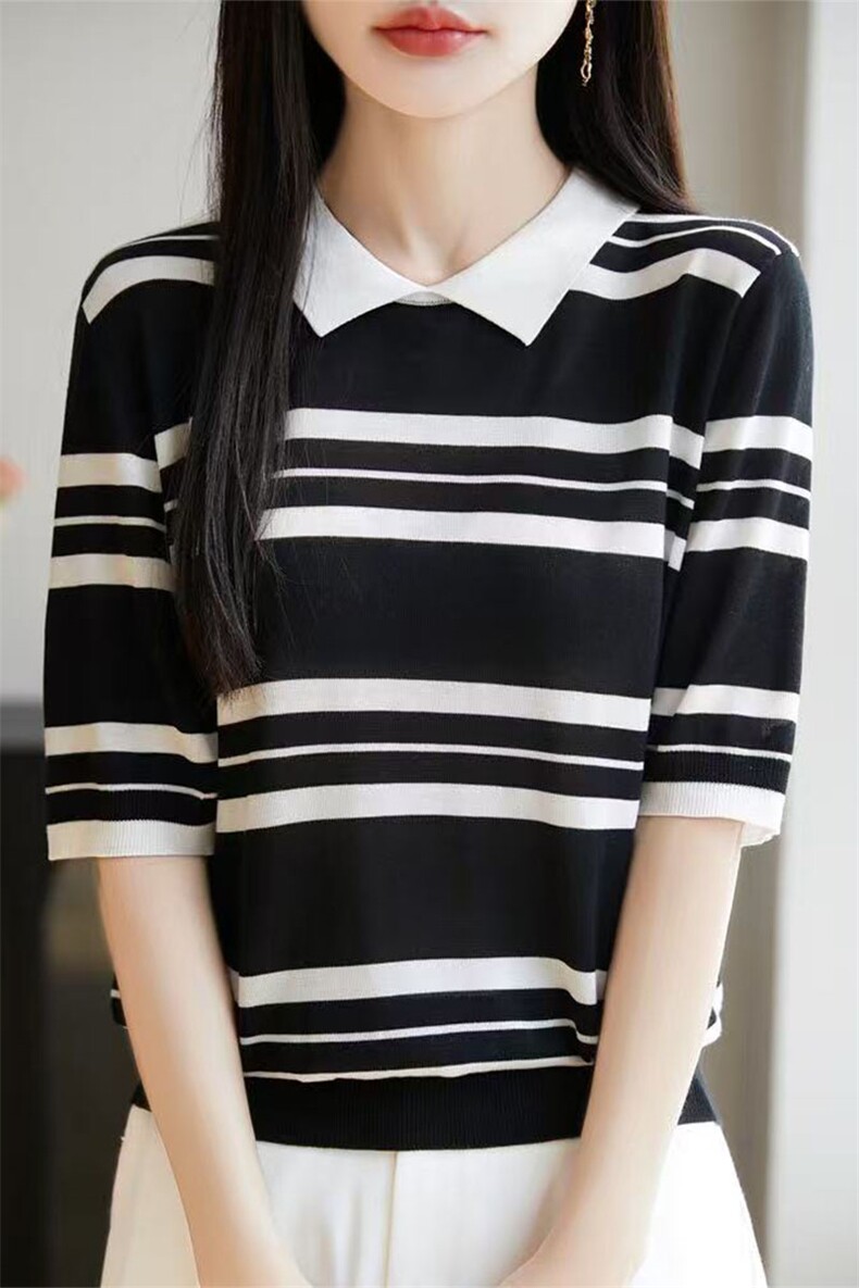 夏款莱赛尔天丝娃娃领条纹短袖女半袖T恤Polo翻领针织衫上衣,女装T恤,萱芳婷羊绒