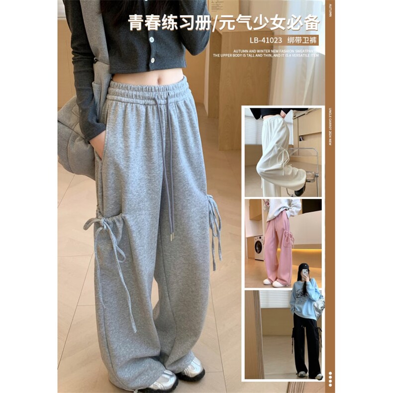 百搭蝴蝶结系带阔腿裤女春秋季2025新款高腰显瘦卫裤直筒休闲裤,男装休闲裤,星座506A