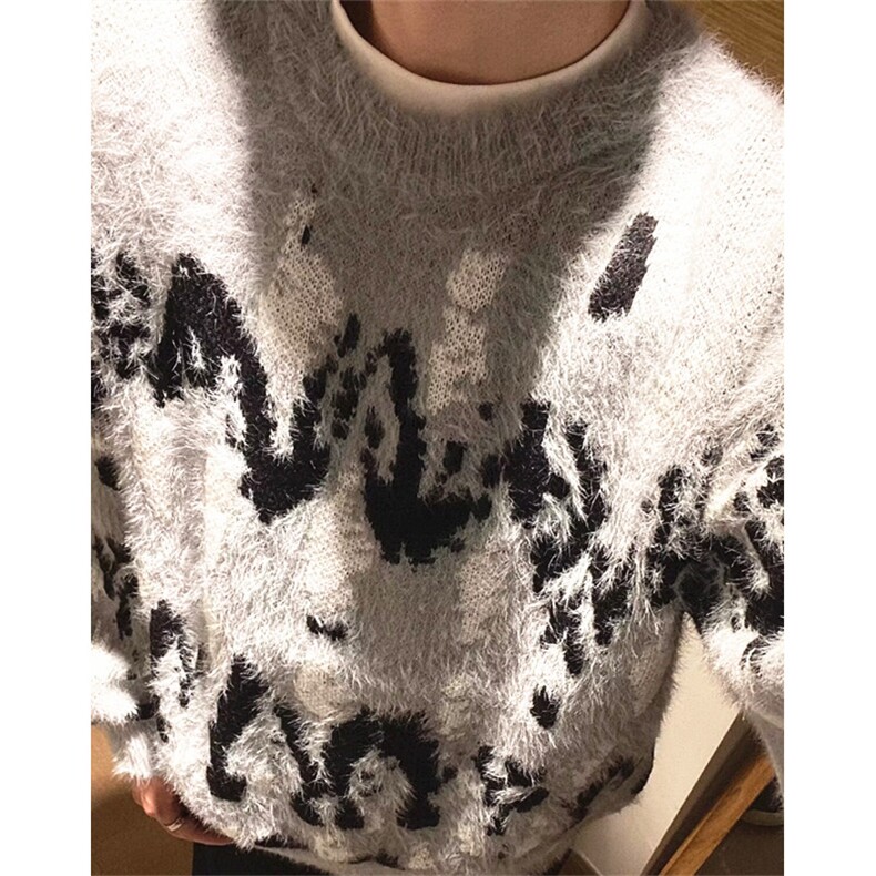 美式复古设计感圆领毛衣男女慵懒风马海毛软糯百搭针织衫M6639,男装针织衫/毛衣,星座1116A（原606A-3）
