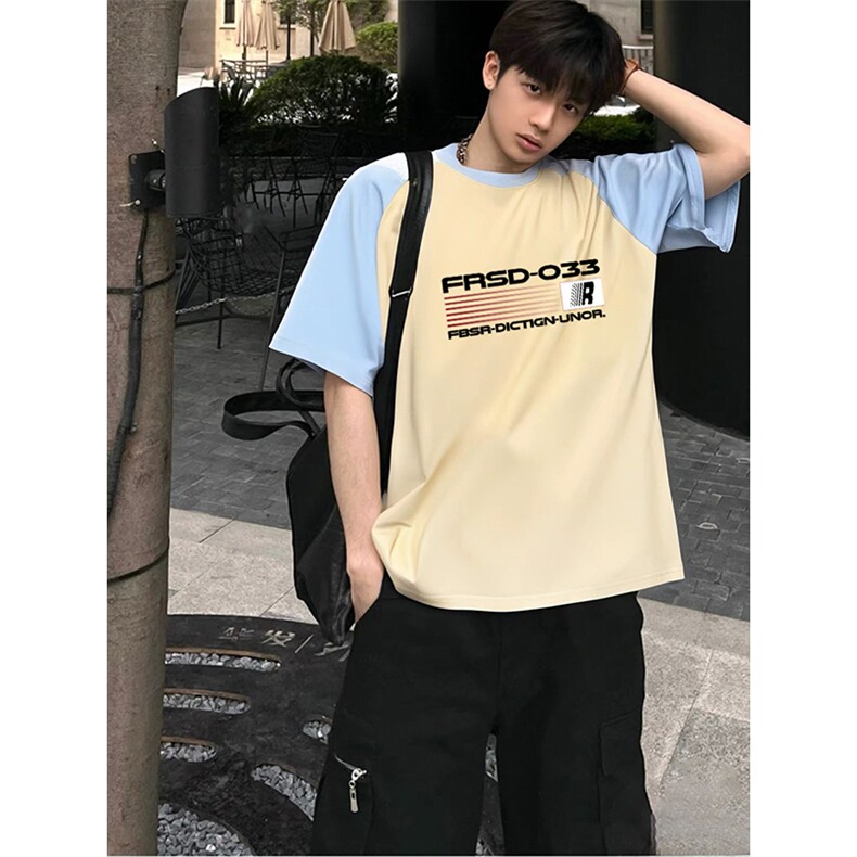 抖音得物高品质二开240克宽松纯棉美式潮牌插肩袖拼接短袖T恤,男装T恤,电商A486