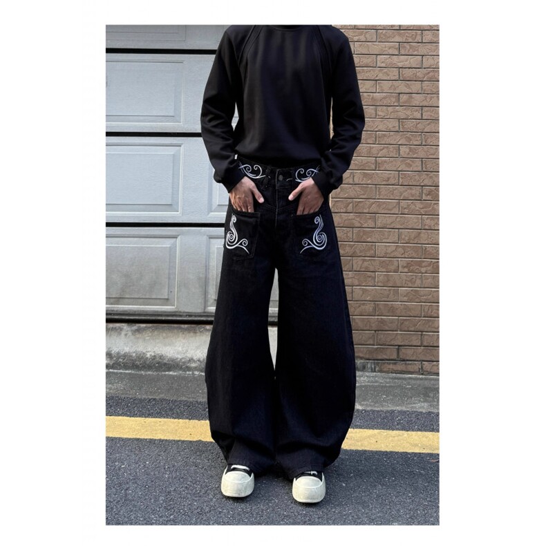 美式复古街头刺绣廓形弯刀原牛百搭牛仔裤男女宽松小众阔腿长裤，男装牛仔裤，四季星座505