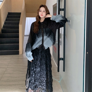 撞色网纱拼接衬衫半身裙套装女2025春秋新款设计感宽松显瘦两件套图片