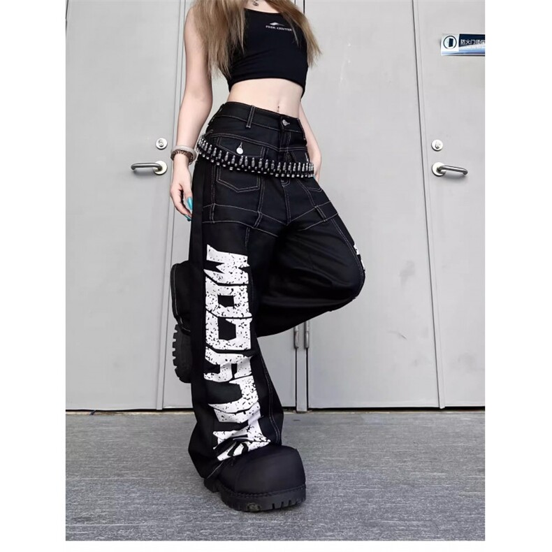 美式复古标语字母拼接牛仔裤男女辣妹宽松bf慵懒风弯刀裤潮NZX58,男装牛仔裤,星座516A