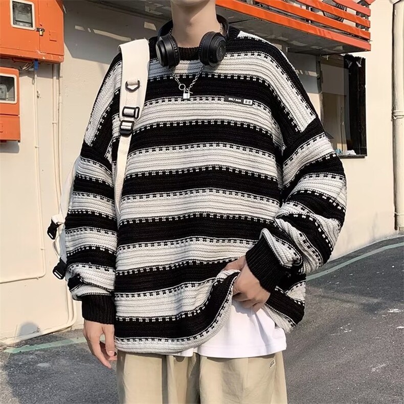 针织衫男条纹韩版潮流痞帅2023秋冬季新款ins毛衣外套MZ096-P39图片