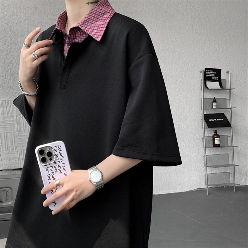 8XL-M格纹拼接假两件短袖t恤大码美式重磅polo翻领半袖DX1218/P48,男装T恤,电商B238