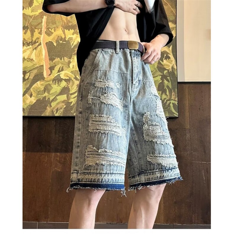 高街重破坏补丁猫须牛仔短裤男刮烂破洞潮夏季复古宽松五分裤男,男装牛仔裤,星座1013