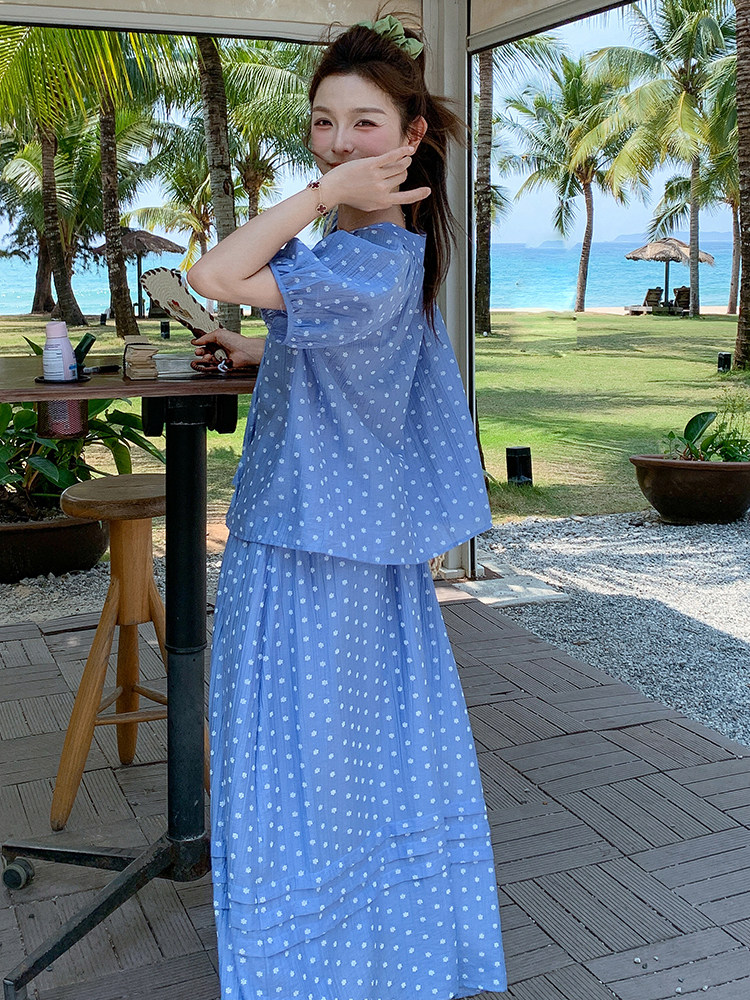 盐甜系度假风波点套装裙女2025夏新款短袖衬衫半身裙小个子两件套,女装套装/套裙,浙宝305