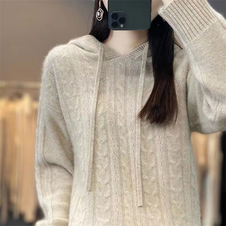 韩版慵懒风连帽针织衫女宽松显瘦纯色毛衣外套秋冬新款潮流,针织衫/毛衣,萱芳婷羊绒