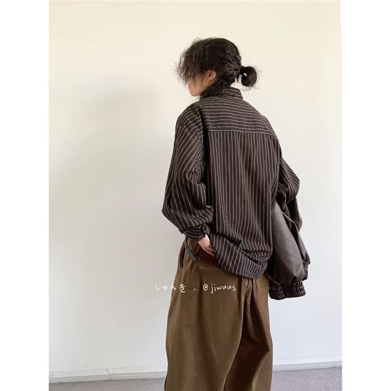 380-P37春秋套装日系复古条纹翻领衬衫男女港风宽松休闲百搭长袖,男装衬衫,电商B323A