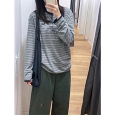 网图有货品质美式灰色亨利领条纹长袖宽松上衣T恤男女A941-P45，男装T恤，星座1505