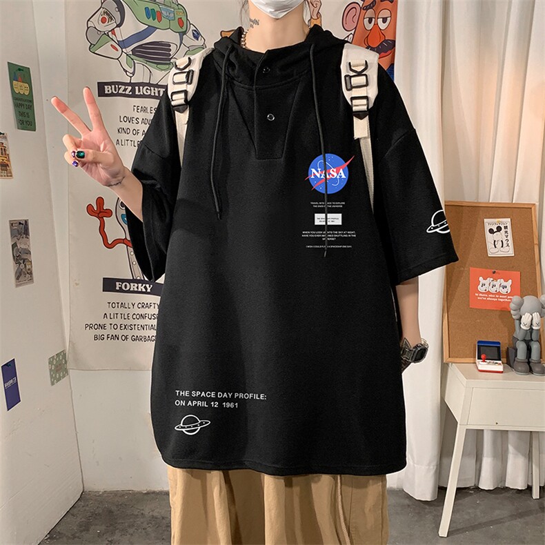 LD54243-P45NASA连帽短袖t恤男大码胖子带帽五分袖中袖,男装T恤,电商A040