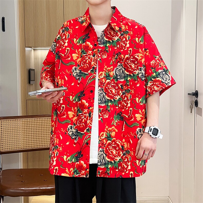 D1男女中性风东北大花短袖衬衫衬衣外套民族风汉服团队服,男装衬衫,星座115A(原星座507）