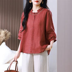 时尚苎麻女2025夏新款时尚宽松中年妈妈阔腿裤减龄棉麻，女装衬衫，璐依舞