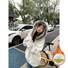 480G重磅加绒硬挺boxy秋冬美式高街超大毛领座山雕连帽卫衣厚外套，女装短外套，电商A486