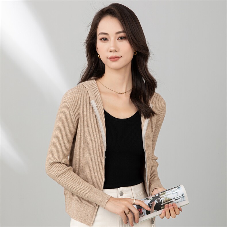 2024秋冬新款连帽拉链针织开衫女修身显瘦软糯亲肤外套百搭,针织衫/毛衣,春韵羊绒