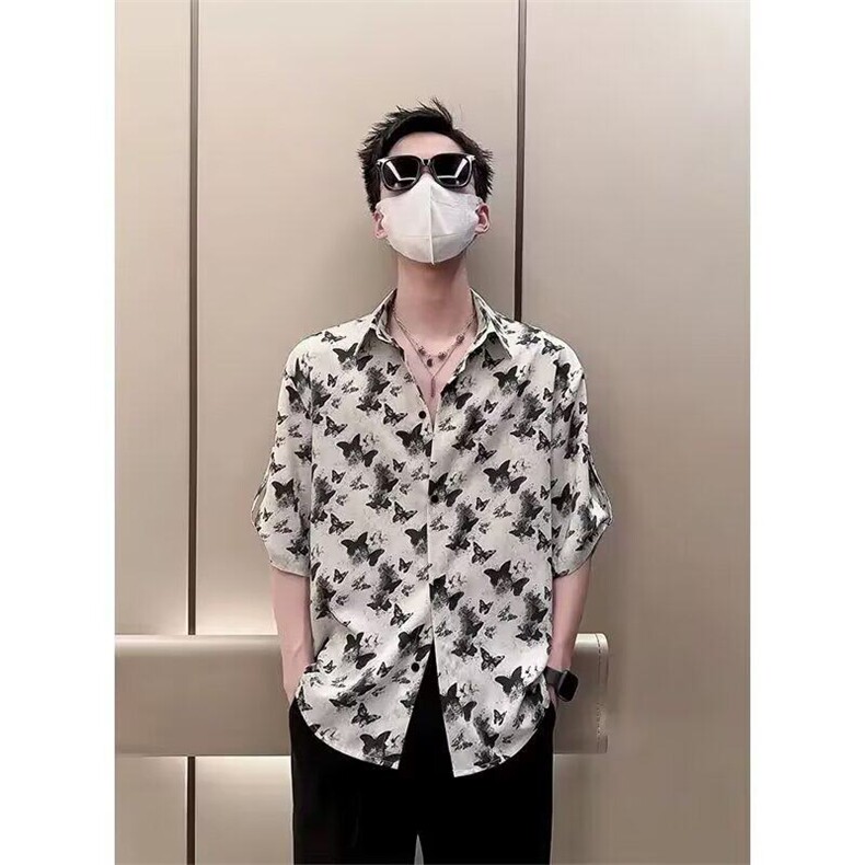 冰丝衬衫短袖男夏季潮牌痞帅扎染衬衣男款2025新款男士夏装半截袖,男装T恤,星座410-7