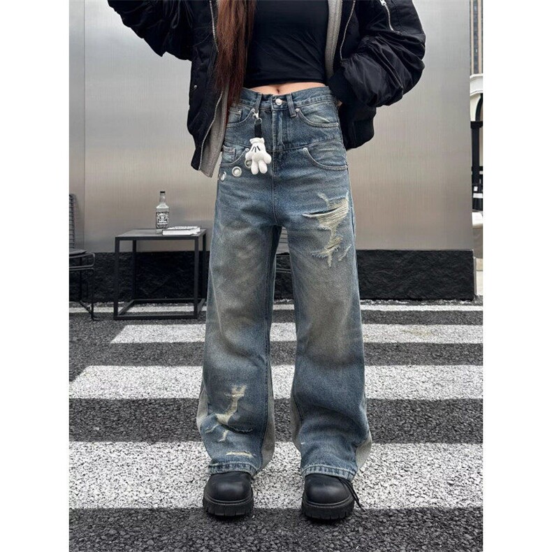 复古磨破阔腿牛仔裤男女秋季新款显瘦高腰直筒裤子宽松显瘦百搭裤图片