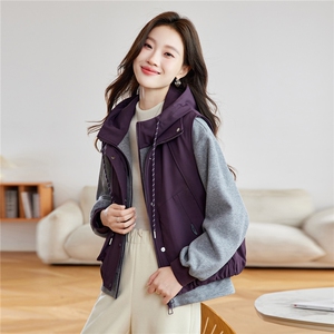 夹棉加厚马甲棉服女2025秋冬新款时尚休闲百搭叠穿连帽卫衣两件套图片