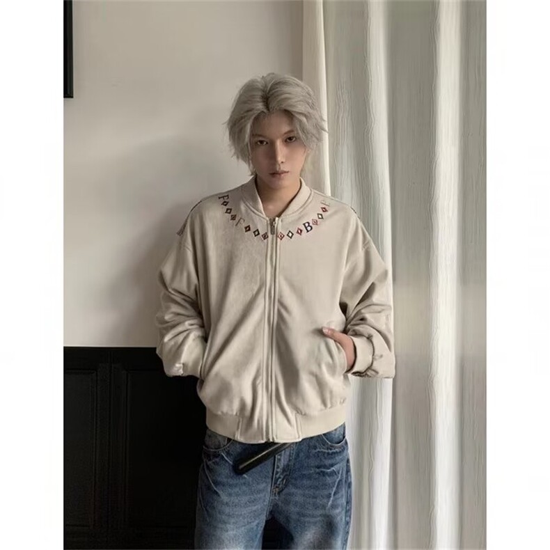 浅灰色美式拼接刺绣夹克衫男款秋冬季男生宽松外套潮JK60,男装夹克,星座208-5