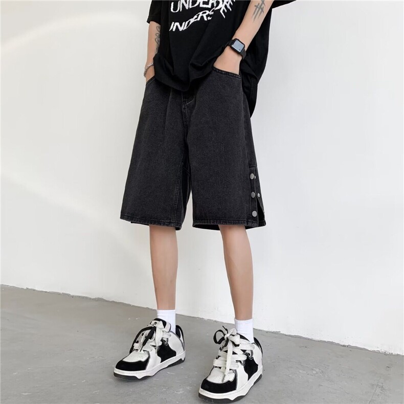 V109-P38排扣开叉牛仔短裤夏季薄款复古宽松设计感潮牌五分裤子,男装牛仔裤,星座911-1