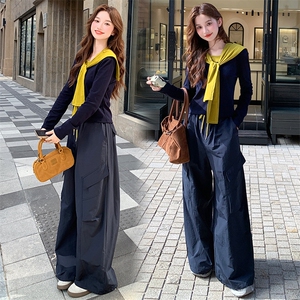 慵懒风撞色披肩长袖上衣工装阔腿裤两件套女2025秋季新款休闲套装图片