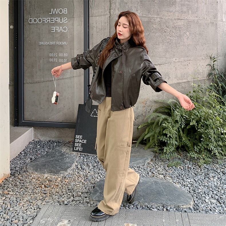 咖色复古美式做旧立领机车皮衣女秋2025新款小个子休闲显瘦短外套,女装皮衣,2C256
