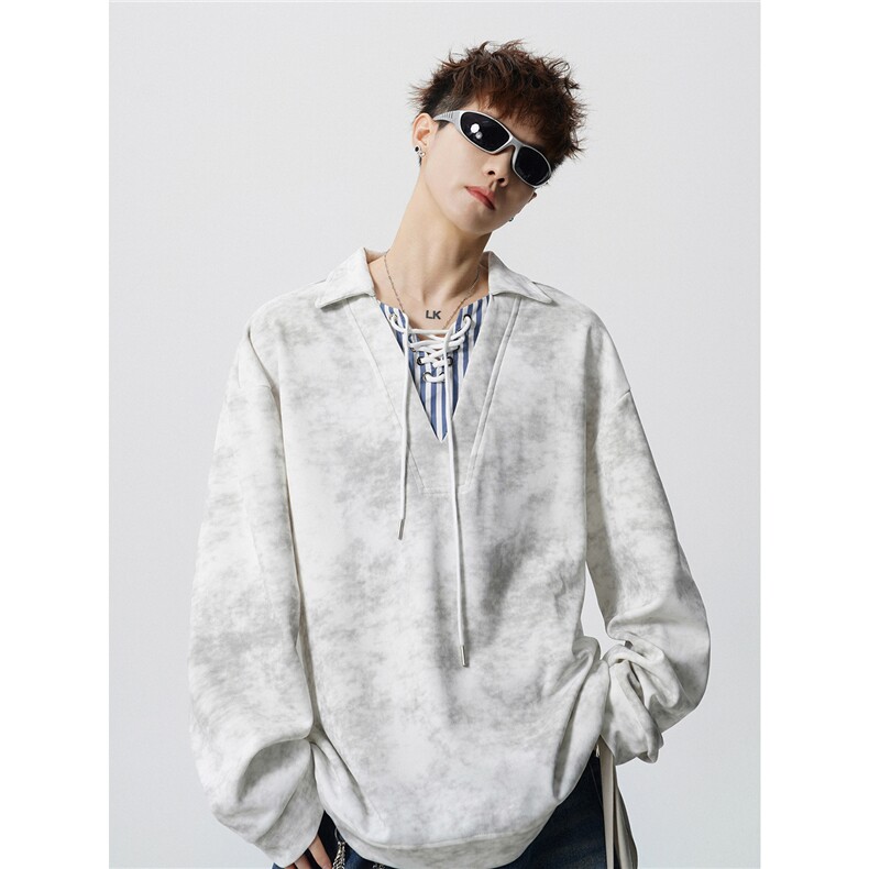 WY10151-特P48 控88 小众扎染撞色拼接条纹假两件大码男宽松卫衣图片