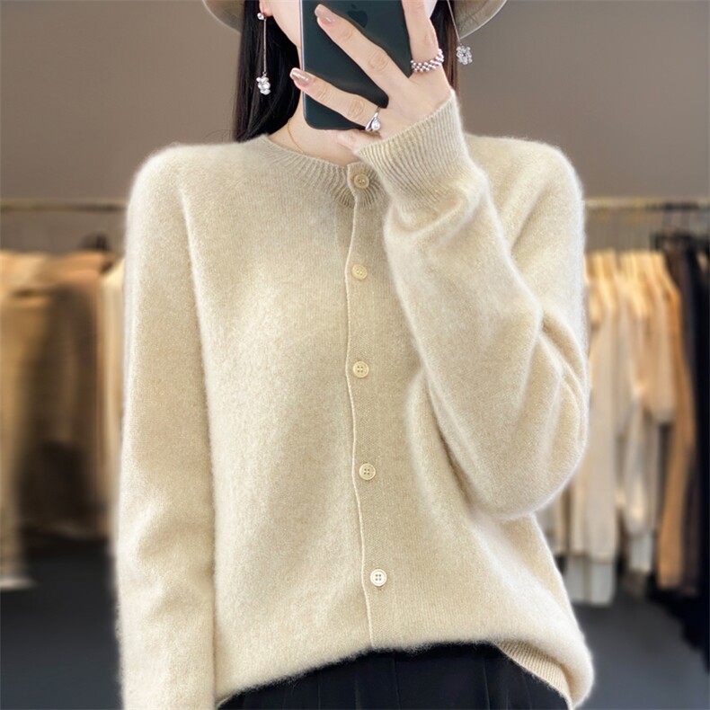 25新款100%纯羊毛开衫女POLO领针织羊绒衫外套宽松纯色长袖打底衫,女装羊毛衫,鲁菏羊绒