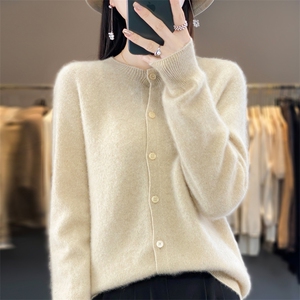 25新款100%纯羊毛开衫女POLO领针织羊绒衫外套宽松纯色长袖打底衫图片