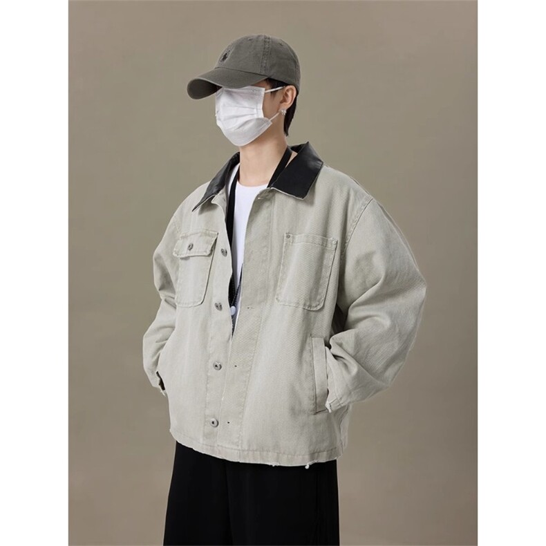 JK8967-P65灰色拼接pu皮领牛仔外套男女秋冬款中性工装褂子,男装工装外套,电商B323A