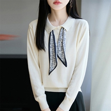 早秋新款时尚外穿洋气针织小衫上衣领结丝巾宽松显瘦薄款毛衣打底，女装针织衫/毛衣，唐诺