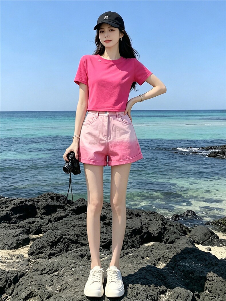 欧韩时尚潮流套装女夏新款玫红色圆领短袖上衣粉色牛仔短裤两件套,女装套装/套裙,江南
