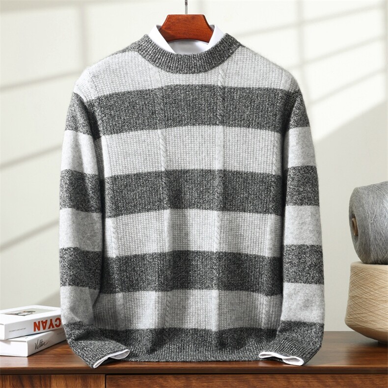 2025舒适百搭简约条纹拼色秋冬新款男士羊绒衫，男装羊绒套衫，蒙亿羊绒