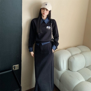 【五季家】现货直降活动特价清仓大码胖mm显瘦套装女撞色衬衣半裙图片